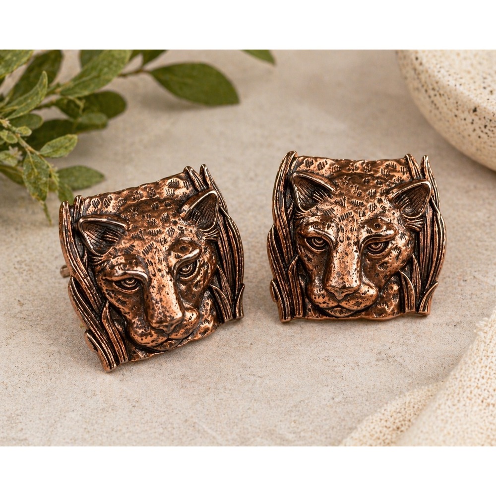 Vintage Big Cat Earringsโ Leopard Lion Copper Tone Statement JJ Jonette 1986